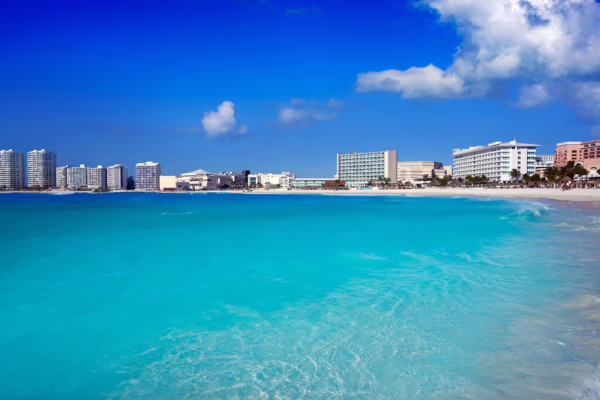 Playa Forum near Hyatt Ziva Cancun featuring white-sand beaches, turquoise Caribbean waters, and Hotel Zone attractions