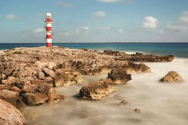 Punta Cancun Lighthouse near Hyatt Ziva Cancun overlooking the Caribbean Sea at the tip of Cancun's Hotel Zone